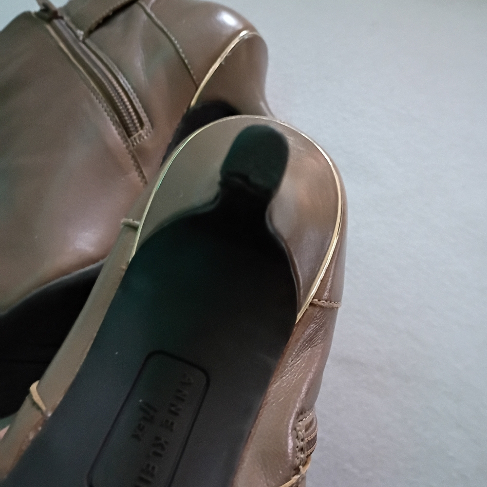 Anne Klein Brown Leather Ankle Booties with Gold Buckle - Picture 7 of 11